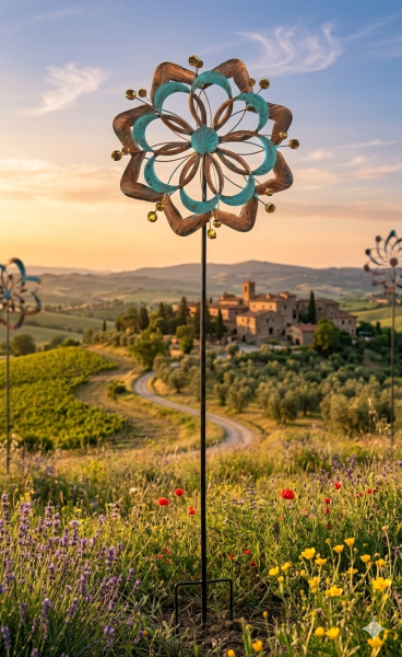 Dekoratives Windrad – Blütenförmiger Metall-Windrad mit Pastel und Kupferakzenten